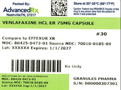 Venlafaxine HCL ER 75mg #30 - Venlafaxine HCL ER 75mg 80425 0472 01